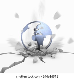 Blue  explosive global 3d graphic with explosive world icon fallen from sky
