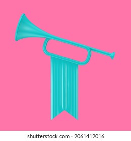 Blue Fanfare Trumpet With Flag In Duotone Style On A Pink Background. 3d Rendering 