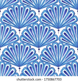 Blue fan-shaped oriental pattern. Japanese fan seamless pattern in blue color style. Japanese seashell inspired by floral design.