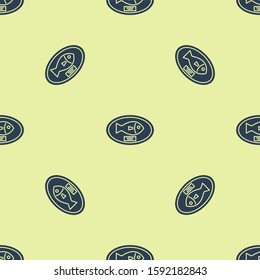 Blue Fish Trophy Hanging On The Board Icon Isolated Seamless Pattern On Yellow Background. Fishing Trophy On Wall.  