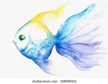 Blue Fish Watercolor Painted.