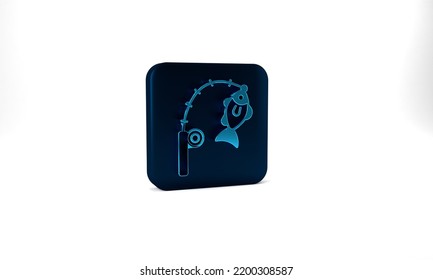 Blue Fishing Rod And Fish Icon Isolated On Grey Background. Fishing Equipment And Fish Farming Topics. Blue Square Button. 3d Illustration 3D Render.