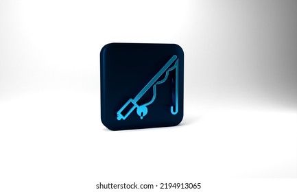 Blue Fishing Rod Icon Isolated On Grey Background. Catch A Big Fish. Fishing Equipment And Fish Farming Topics. Blue Square Button. 3d Illustration 3D Render.