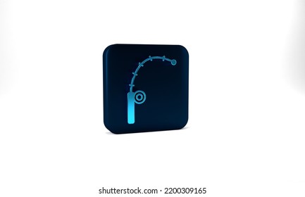 Blue Fishing Rod Icon Isolated On Grey Background. Catch A Big Fish. Fishing Equipment And Fish Farming Topics. Blue Square Button. 3d Illustration 3D Render.