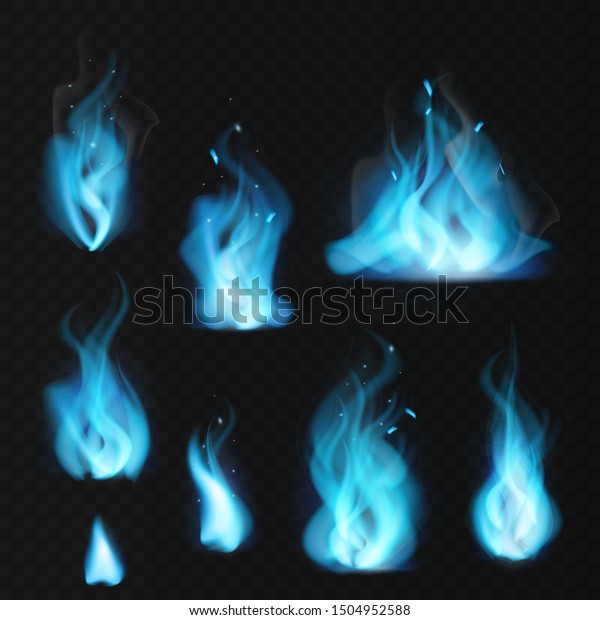 青い炎 燃える炎の天然ガスの熱い暖炉の炎暖かい炎のリアルな焚き火効果青の魔法の炎セット のイラスト素材
