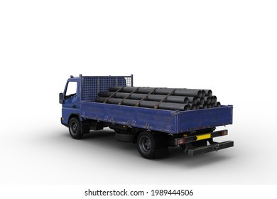 Blue Flat Bed Truck Loaded With Pipes For Construction. Rear Perspective View 3D Illustration Isolated On A White Background.