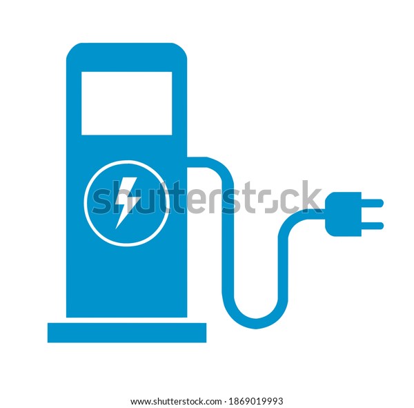 Blue\
flat icon of electric refueling on white\
background.