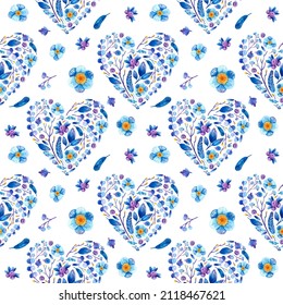 Blue Floral Hearts, Seamless Pattern. Flowers, Buds And  Petals. Floral Romantic Background For Valentines Day Or Wedding. Watercolor Clipart.