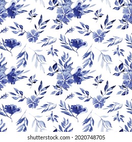 Blue Floral Seamless Pattern For Fabric, Watercolor Navy Blue Digital Paper, Royal Blue Wedding Repeat Background, Indigo Blue Bouquets Pattern Monochrome