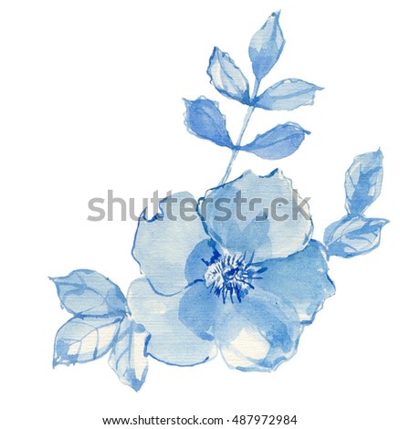 Blue flower and leaves,watercolor painting. Blue rose