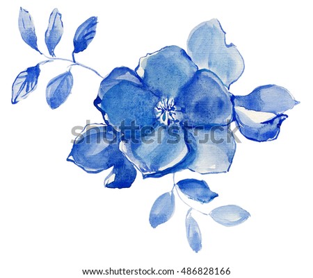 Blue  flowers and leaves,watercolor painting