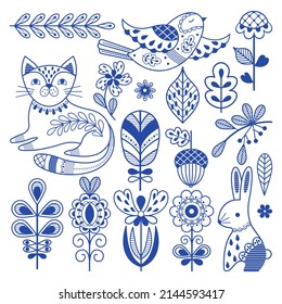 Blue Folk Finnish. Swedish Design Borders, Ornament Scandinavian Folklore Art. Rustic Decor, Nordic Nature Floral Elements. Cat, Bird And Rabbit Nowaday Set