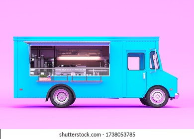 Blue Food Truck With Detailed Interior Isolated On Pastel Pink Background. Cozy Interior With Warm Light. Takeaway Food And Drinks. 3d Rendering