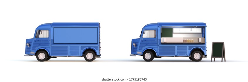 Blue Food Truck On White Background 3D Rendering