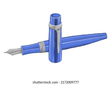 Blue Fountain Pen Lying Open On White Background