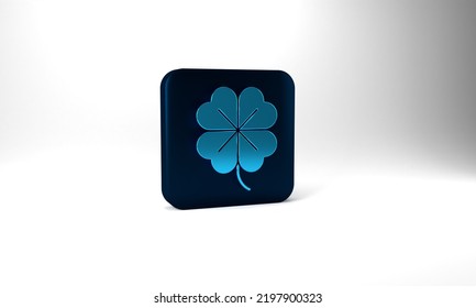 Blue Four Leaf Clover Icon Isolated On Grey Background. Happy Saint Patrick Day. Blue Square Button. 3d Illustration 3D Render.