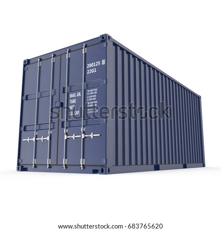 Blue freight shipping container isolated on white. 3D illustration, clipping path