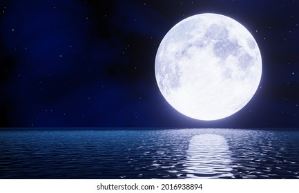The blue full moon is reflected in the sea. A wave of water from the ocean to the island. The sky has many stars. Ripples on the river at dark night or Mysterious. 3D Rendering