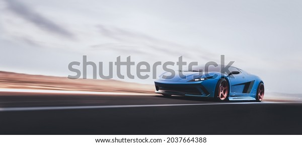 Blue futuristic car speeding on the open road,\
side view (non-existent car design, full generic - no trademark\
issues) - 3d illustration, 3d\
render