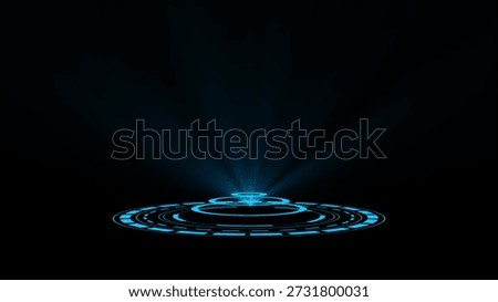 Blue futuristic circular interface emitting light beams against black background abstract circle