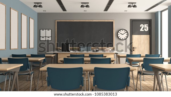 Blue and gary modern classroom without students\
- 3d rendering