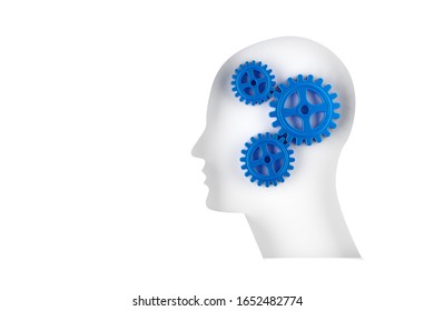 Blue gears cogwheels in human head shape isolated on white background - strategy, creative or business innovation modern minimal concept, 3D illustration