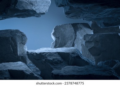 blue geometric Stone and Rock shape background, minimalist mockup for podium display or showcase, 3d rendering.