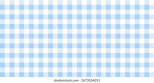 Blue gingham checkered pattern background. Seamless pastel blue plaid design. Soft and sweet vintage aesthetic. Blue white gingham check tablecloth picnic style traditional.