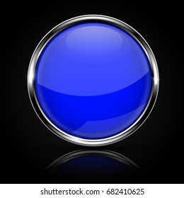 Blue Glass Button With Chrome Frame On Black Background. 3d Illustration. Raster Version