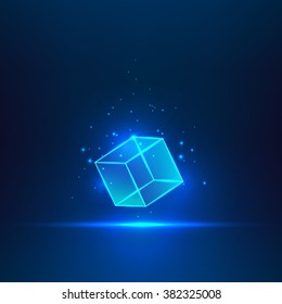 Blue Glass Cube. Geometric Object Floating In The Air.