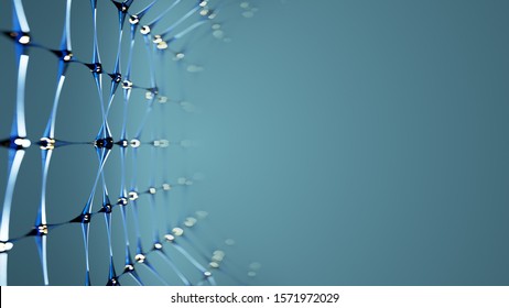 Blue Glass Network Structure On The Edge In Empty Space. Plexus Mesh With Transparent Lines And Glowing Nodes Spheres. Futuristic Technology Shape. 3D Render Illustartion
