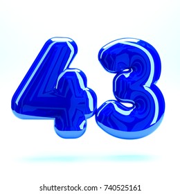 Blue glossy celebrate letter number forty three 43 bold and uppercase. 3D render font painted with blue polish and light reflection isolated on white background with clear shadow - Shutterstock ID 740525161