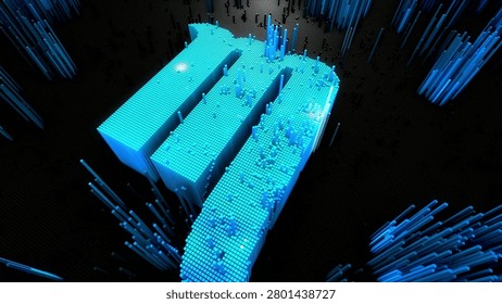 Blue glowing abstract shapes creating visual rhythm in dark space