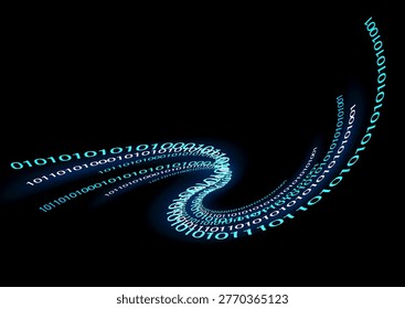 Blue glowing binary code waveform data flow: Digital communications, AI, and cyberspace imagery