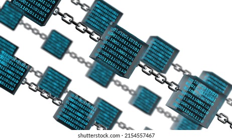 Blue glowing binary data in clear glass cubes connected by iron chains under blue lighting background. Block chain network technology concept illustration. 3D illustration. 3D CG.