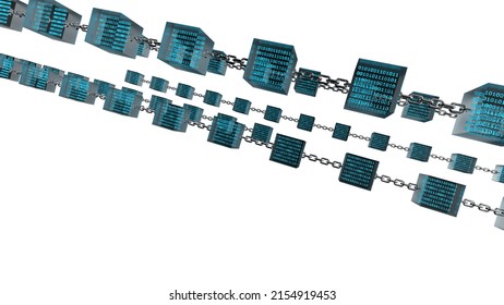 Blue glowing binary data in clear glass cubes connected by iron chains under blue lighting background. Block chain network technology concept illustration. 3D illustration. 3D CG.