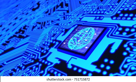 Blue Glowing Circuit Board And A CPU With A Brain Symbol On Top Machine Learning Concept 3D Illustration