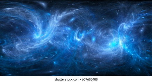Blue glowing curvy force fields in space, 360 degrees panorama, computer generated abstract background, 3D rendering