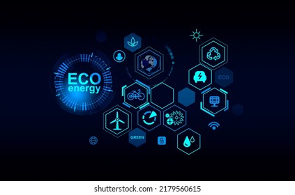 Blue Glowing Eco Hud With Diverse Icons. Ecosystem And Digital Technology. Concept Of Green Energy And Resources. 3D Rendering