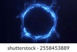 Blue glowing flowing ring of liqiud swirling plasma. Energy sphere of shiny dynamic wavy particles on dark abstract background. Magic orb, digital, futuristic, sci fi