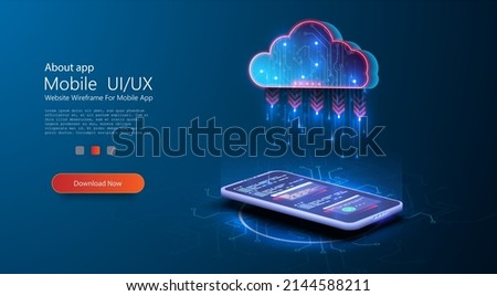 Blue glowing global data information exchange available. Data protected exchange on phone or mobile device and online storage. Digital technology background. Big data center, future infrastructure.