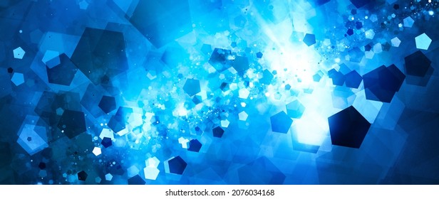 Blue Glowing Nebula In Deep Space With Pentagon Particles Banner, Computer Generated Abstract Background, 3D Rendering