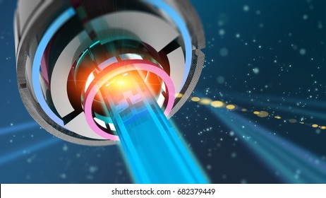 Blue glowing quantum laser in space with beam 3D Illustration