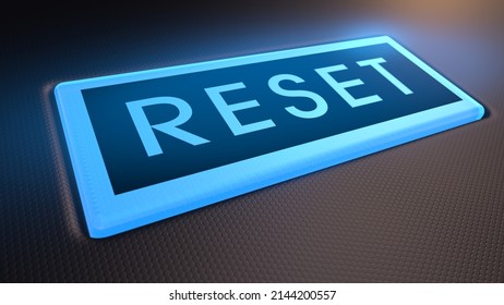 Blue Glowing Reset Button On Metallic Background. 3D Rendering