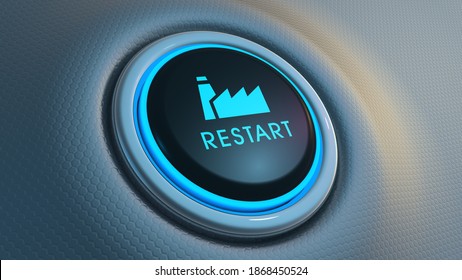 Blue Glowing Restart Button On Metallic Background. Rebooting The Global Economy After The Coronavirus Crisis. 3D Rendering