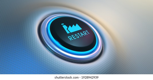 Blue Glowing Restart Button On Metallic Background. Rebooting The Global Economy After The Coronavirus Crisis. 3D Rendering