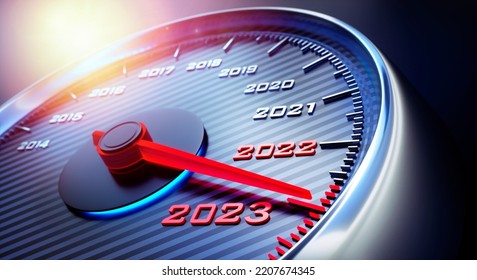 Blue glowing speedometer showing the year 2023 - 3D illustration