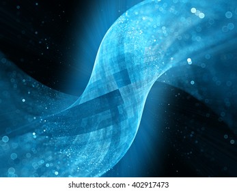 Blue glowing tube surface in space with particles, computer generated abstract background