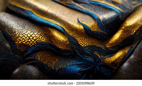 Blue And Gold Beast Skin. Abstract Leather Wallpaper. Dragon Scales Close Up. Beautiful Fairy Tale Background. Raster Illustration.