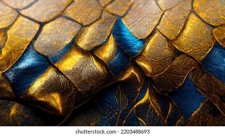 Blue And Gold Beast Skin. Abstract Leather Wallpaper. Dragon Scales Close Up. Beautiful Fairy Tale Background. Raster Illustration. 3d Rendering